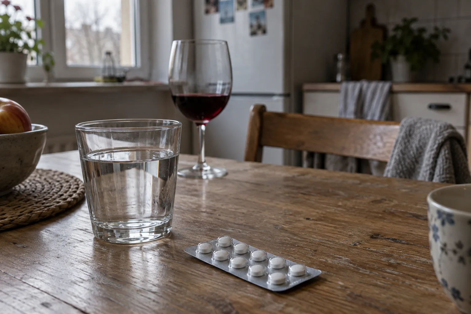 Listek białych tabletek i szklanka wody na kuchennym stole, w tle kieliszek czerwonego wina